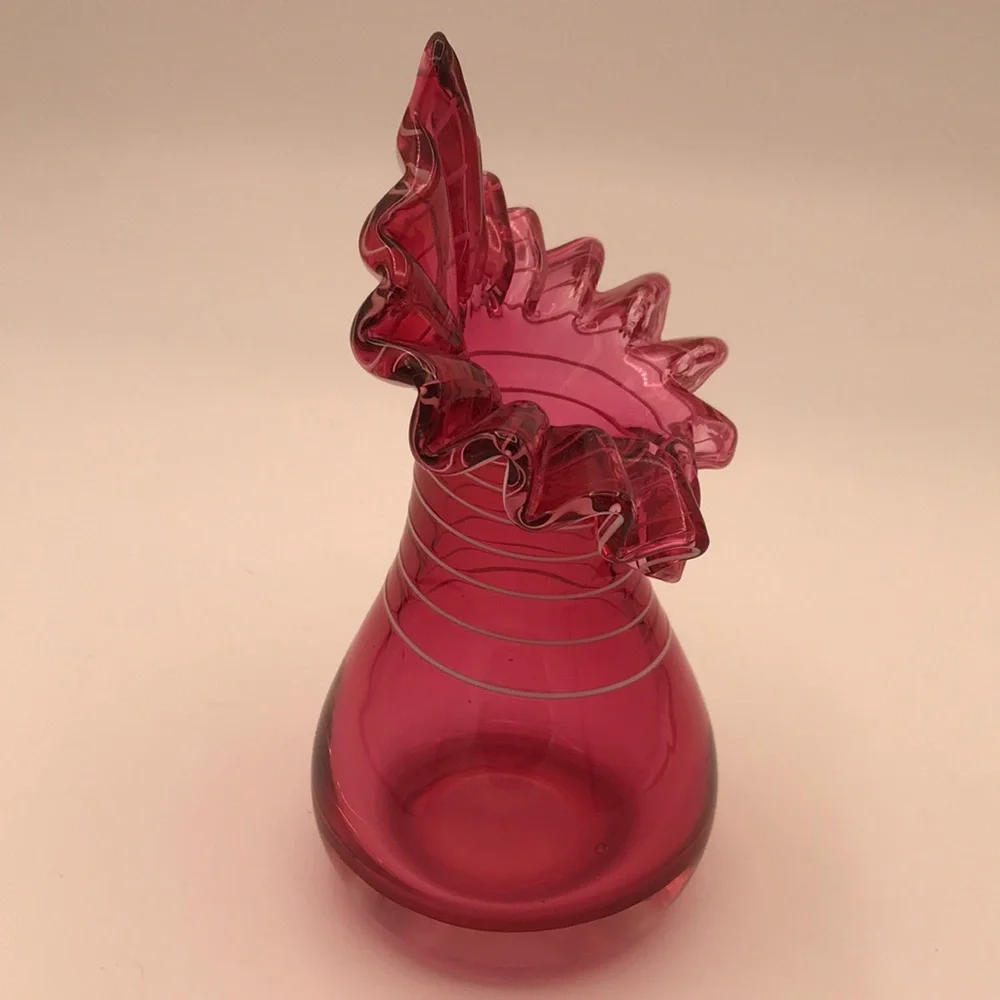 VTG Blown Cranberry‎ Glass Jack in the Pulpit Vase w/ Applied White Striping
